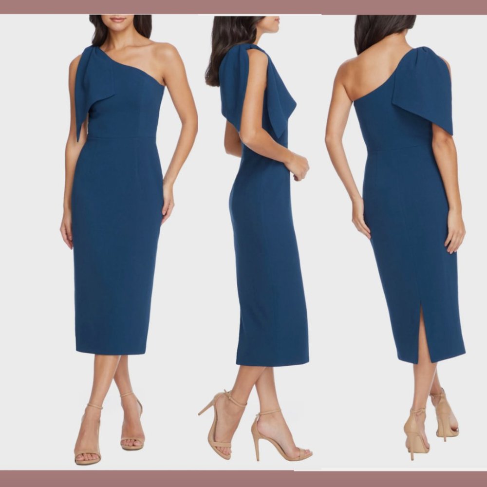 NEW Dress The Population [ Large ] Tiffany One Shoulder Midi Dress Blue‎ #Q386